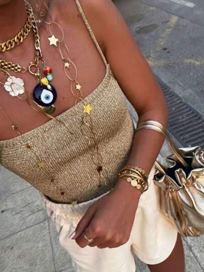 Women's Sexy Gold Sleeveless Sequin Cami Top Backless Summer  Holiday Party