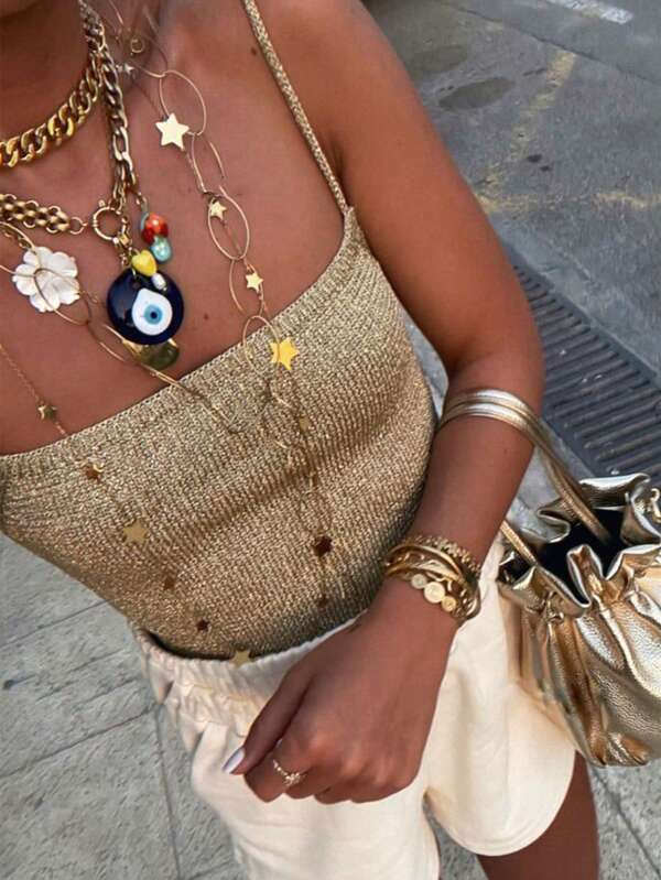 Women's Sexy Gold Sleeveless Sequin Cami Top Backless Summer  Holiday Party