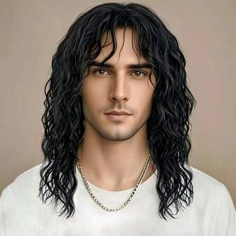 Joyluck Men's Black Long Curly Wig, High-Quality Synthetic Wig, Suitable For Casual Wear Or Parties, Ideal For Rockstar/Hip-Hop Style