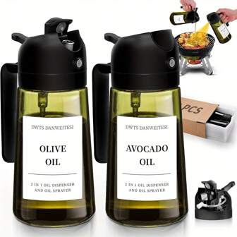 Glass Olive Oil Bottle, 2 In 1 Oil Dropper And Oil Sprayer Kitchen Gadget, Dark Green Glass Shading To Prevent Oxidation, Seasoning Storage Bottle, Oil Sprayer And Oil Dispenser, Moving Gift! Thickened Portable Spray-Pour All-In-One Atomizing Oil Pot Kitchen Household All-In-One Large Capacity Automatic Glass Bottle