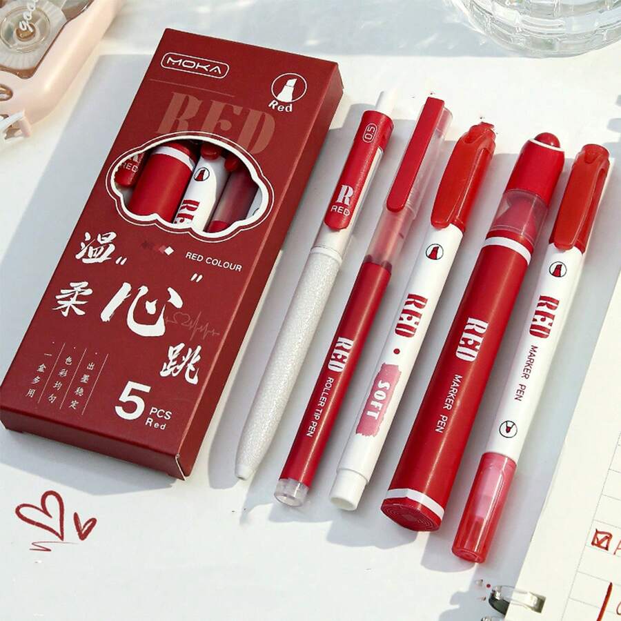 5 支/套子弹日记荧光笔,彩色双头马克笔,适合学生涂鸦绘画、学校用品、返校 - 紅色 - 查看 1