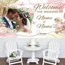 1 件可定制姓名、肖像、日期婚礼派对横幅，聚酯花卉新娘和新郎订婚派对摄影背景，个性化文字和图像横幅，蛋糕桌，家居墙壁，户外装饰 - 彩色 - 查看 6