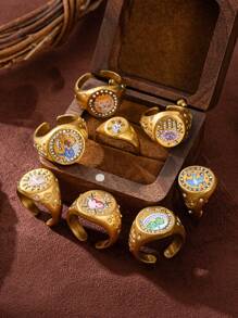 1pc Summer Fashion Stainless Steel Popular Valentine's Day Lion Mermaid Love Painting Ring. Plated With 18K Gold, Waterproof And Sweat Resistant, Suitable For Valentine's Day And Holiday Play, Outdoor Activities, And Holiday Outings. Ladies' Jewelry.