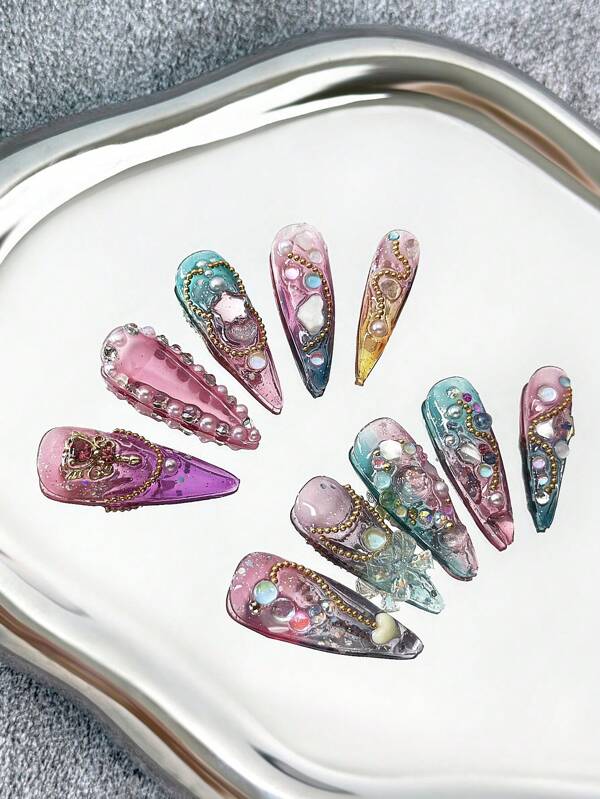 33mm Sharp Luxury Full Rhinestone Handcrafted French Nail Tips, Multi-Color Tie Dye Handpainted Creative 3D Contrast Y2K Design False Nails, 10pcs/Pack All-Stick DIY Shiny Artificial Nail Tips