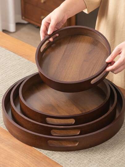 1 件带手柄的胡桃木圆形托盘，适用于小吃、糕点、饼干、开胃菜，多用途