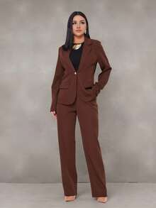 WUUW Women Office Formal Suit Set, Elegant Business Formal Set, 2 Piece Set, Plain/Button/Pocket/Zipper/Office - 鏽棕色 - 查看 2