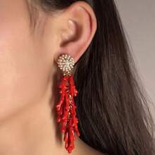 1 Pair Fashionable Red Coral Tassel Resin Earrings, Suitable For Women To Wear To Festivals, Parties, And Dates