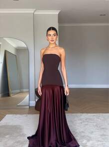 Vestido de mujer de unicolor, de tela popelín de contraste, sexy, informal, de vacaciones, elegante y de fiesta, sin tirantes