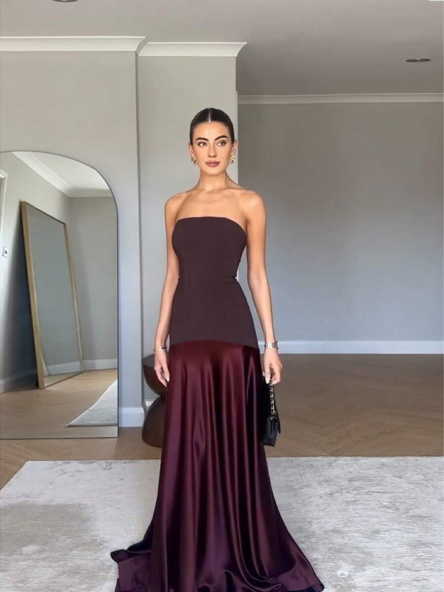 Vestido de mujer de unicolor, de tela popelín de contraste, sexy, informal, de vacaciones, elegante y de fiesta, sin tirantes