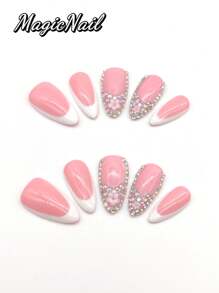10 Pieces Of Pure Hand-Pressed Wearing Nails, 25mm Long Nail Pieces, Flesh Pink And White Contrasting Colors, Some Nail Pieces Are Covered With Glitter Diamond 3D Pink Flowers. Spring And Summer Style, Cute Nail Plate, Can Be Reused. It Is Suitable For Daily Leisure Vacations, And It Is Worn When Participating In Dances, Banquets, Parties, Shows And Other Activities.