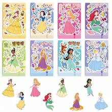 Disney 8pcs Disney Princess Cute Make A Face Puzzle Stickers Decorate Guitar Diary Helmet Phone Case Water Cup Creative Waterproof Toy Gift Decals