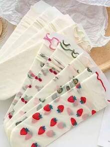 3/5 Pairs Assorted Strawberry & Mixed Fruit Pattern Casual Crew Socks, Versatile School Style - 36-39 - View 4