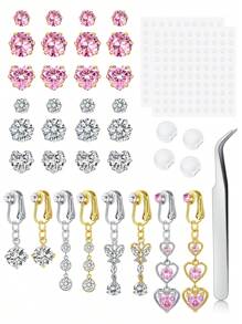 Piercing de ombligo falso estilo Y2K para pegar, joyas de piercing de ombligo falso con corazones de CZ de acero inoxidable en color rosa, plata y oro, aretes falsos con corazones rosa, joyas de piercing de ombligo falso para pegar sin perforación