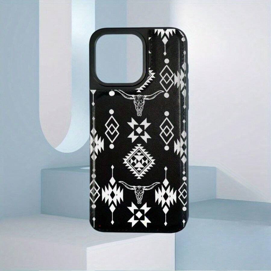 For IPhone 17 Case, Western Pattern Wallet Card Holder Mobile Phone Case, Imitation Faux Leather Card Slot Design, Double Magnetic Anti-Drop Protective Cover, Lightweight, Durable And Fashionable Design For 17 Air 16/ 15/ 14/ 13/ 12 Pro Max Plus - 黑色 - 查看 1