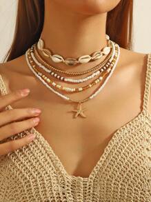 5pcs/Set Bohemian Style Random Color Glass Bead, Shell, Starfish Pendant Layered Necklace Set, Suitable For Beach Party, Vacation