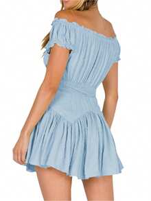 Women Flowy Pirate Dress Fairy Short Sleeve Y2k Off Shoulder Ruffle Corset Mini Dresses - 藍色 - 查看 3