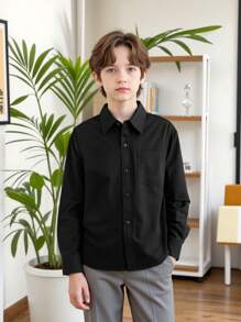 Boys And Teenagers Black Long Sleeve Formal Shirt, Classic Dress Shirt For School Opening, Graduation, Performance, Party, Holiday