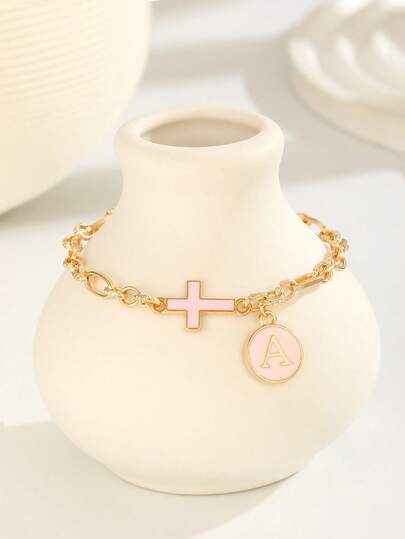 1 Pc Sweet And Cute Pink Cross & Letter Double Pendant Gold Bracelet, Suitable For Children, Girls, Family, Friends, Summer Vacation, Travel, Street Wear, Fashion Single Item Jewelry, Suitable For Daily Decoration, Holiday Birthday Gift