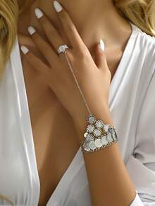 1pc Vintage Personalized Versatile Hollow Carved Multi-Layer Connected Finger Set Ancient Coin Back Of Hand Bracelet For Women - B - View 5