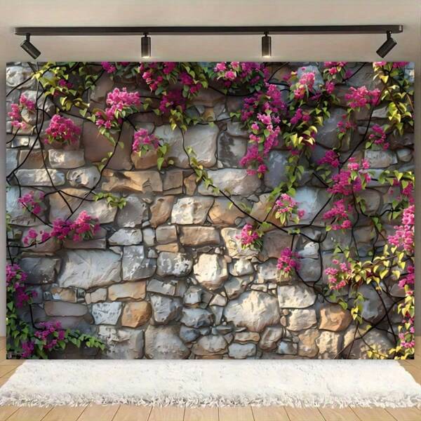 1pc Stone Wall Flower Backdrop - Spring And Summer Flower Photography Background, Suitable For Multipurpose Event Decoration, Wedding, Birthday, Portrait Photography, No Electricity Required - Party Props With Blooming Flowers On Ancient Brick Wall, Multiple Sizes To Choose