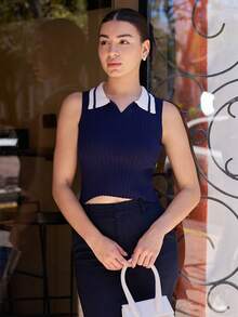 Andrea Bello Women's Business Casual Polo Collar Contrast Color Knit Sleeveless Vest Top