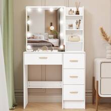 White Dressing Table With LED Makeup Mirror And 7 Shelves 4 Drawers Vanity Desk