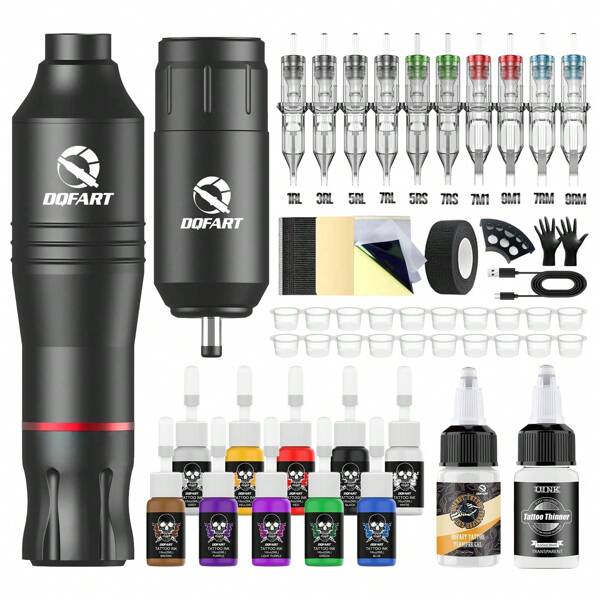 DQFART Kit de máquina de tatuaje inalámbrica, kit de tatuaje completo con fuente de alimentación. Suministros de tatuaje apropiados para principiantes y artistas. Excelente capacidad de trabajo que se puede aplicar en muchas ocasiones