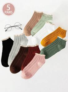 5 Pares (Cor e Estilo Aleatórios) Meias Curtas Femininas Fofas com Renda, Meias Rasas Tipo Barco, Respiráveis, Meias Finas de Tornozelo para o Verão