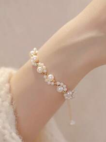 1pc Elegant Faux Pearl Braided Cat Scratch Bracelet, Fashionable Cute Bridal Accessory Gift For Friends, Mother