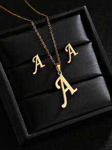 1 Set A-Z Stainless Steel Initial Necklace And Stud Earrings Jewelry Sets Alphabet Letter Pendant Chain Accessories Gifts
