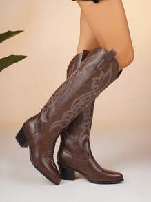 2025 Autumn/Winter New Women's Plus Size Pointed Toe Chunky Heel Embroidered Western Cowboy Knee-High Boots, Outdoor Fashion Slip-On,Brown Boots