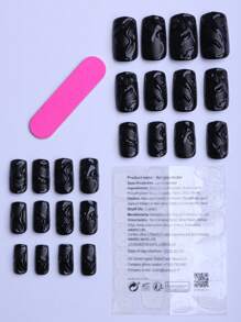 24 piezas de uñas postizas acrílicas cuadradas medianas de color negro mate con textura 3D de alta calidad, líneas asimétricas, uñas de verano de ambiente simple diario, regalos para chicas, accesorios esenciales para banquetes, con 1 pieza de lima y 1 pieza de pegamento de gelatina