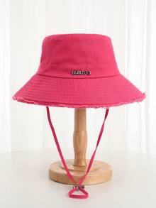 Korean Style Frayed Metal Letter Bucket Hat, Washed Vintage Rose Red Outdoor Hiking Sun Protection Cap For Women,Holiday,Travel - Hot Pink - View 9