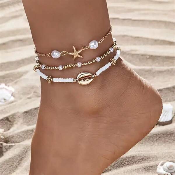 1 pieza Cadena para el tobillo de vacaciones de verano de moda de tres capas, cadena para el tobillo de mujer bohemia sexy de varias capas con cuentas, que contiene colgante con forma de estrella de mar y concha, apta para uso diario, vacaciones, bikini y ropa de playa