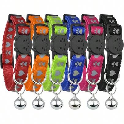 Reflective Collar With Bell, Set Of 6, Solid & Collars Cats, Nylon, Mixed Colors, Pet Collar, Breakaway Collar Charms