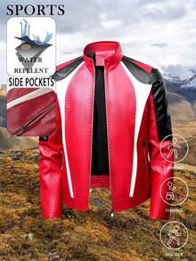 New Autumn/Winter Men's Motorcycle Rider Style Casual Patchwork Stand Collar Leather Jacket - Red - View 1