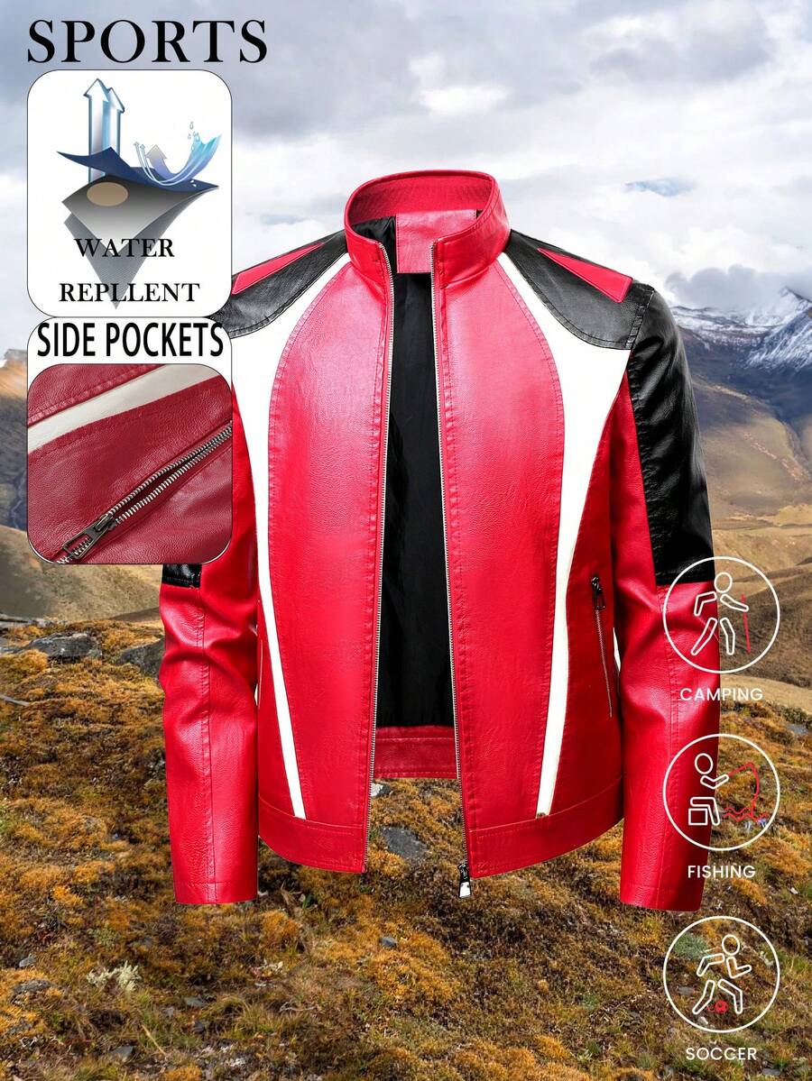 New Autumn/Winter Men's Motorcycle Rider Style Casual Patchwork Stand Collar Leather Jacket - Red - View 1