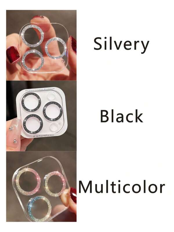 Glitzer Strass Apfel 16ProMax Linsen Film, Kompatibel mit iPhone 14 ProMax/15, Kameraobjektiv Schutzring Rahmen Glaslinsenfilm (Silber, Schwarz, farbig)