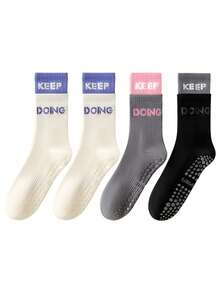 3/4/6 Pairs Of Pilates Non-Slip Grip Socks With Colored Letters Contrasting Double Lugs Yoga Mid-Tube Long Sports Socks Suitable For Four Seasons Fitness Ballet Yoga Indoor Sports Barefoot Hospital Floor Socks