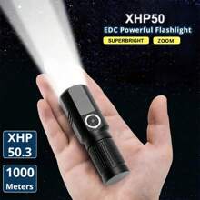 1pc XHP50 High Lumen Flashlight | Zoom Adjustable Design + 3 Brightness Modes | Type-C Fast Charging | 3-Level Overcurrent Protection + Multi-Stage Cooling Tech + Waterproof EDC Portable | Essential For Outdoor Adventure, Night Fishing, Emergency Rescue