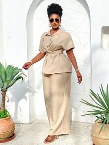 BIUBIU Ensemble deux pièces femme grande taille, été, loisir, simple, quotidien, avec chemise à manches courtes col lavallière torsadée pour resserrer la taille et pantalon casual pour la maison, les déplacements - Kaki - Voir 6