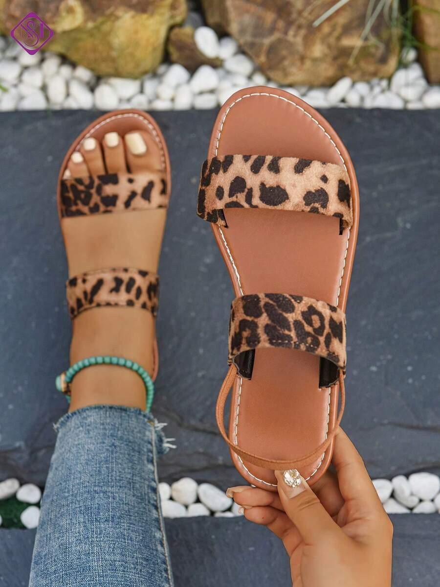 女士平底宽拖鞋，时尚编织扣带休闲凉鞋，舒适轻便优雅派对户外沙滩鞋 - 豹紋色 - 查看 1