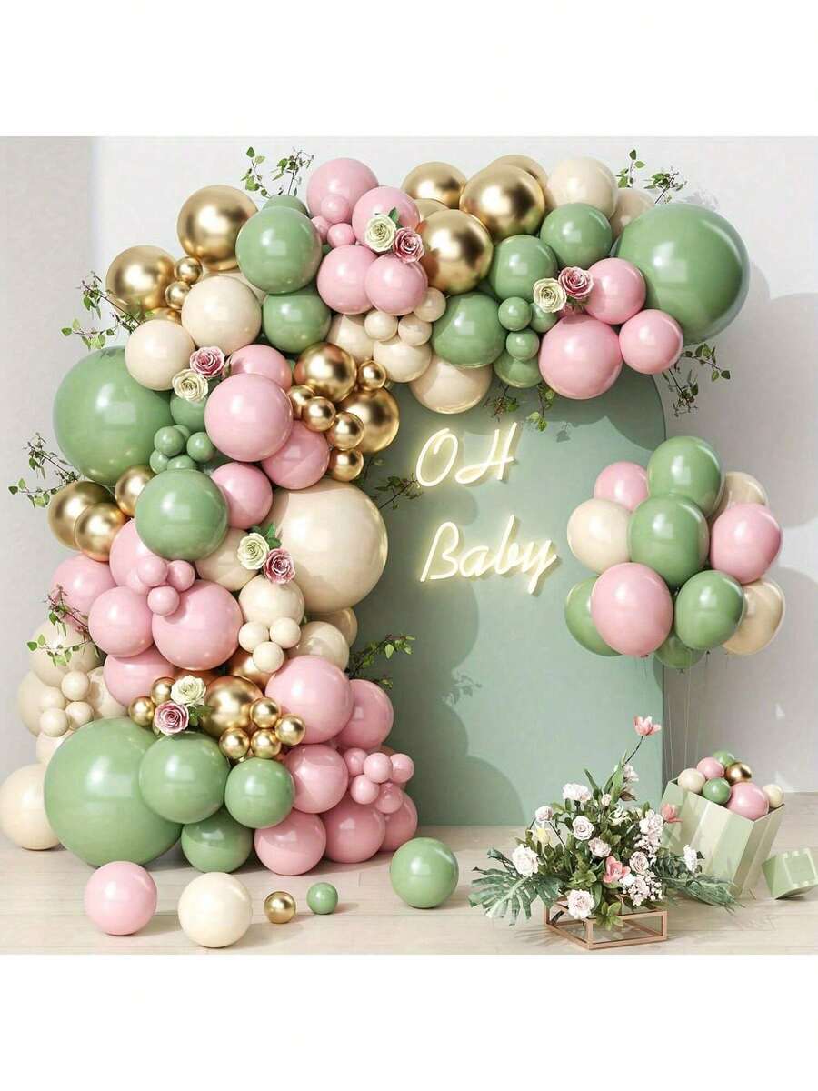 132 件丛林狩猎派对气球花环套装，橄榄色、粉色、白色、金色乳胶气球装饰，适合生日、新娘和青少年淋浴森林派对装饰 - 綠色 - 查看 1
