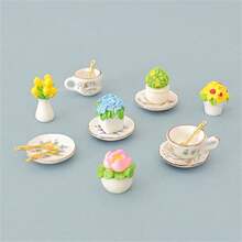 Set de 4 piezas Mini jarrones realistas de flores, accesorios de modelo de té de la tarde, decoración de taza de té de cerámica, set de decoración de vajilla de casa de muñecas - Varios estilos - Ver 5