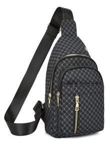 Mini Gingham Print Multi-Pockets Water Resistant Chest Bag Unisex, Portable Messenger Bag For Work, Shopping, Travel, Suitable As Holiday Gift