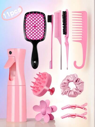 Set de 11 piezas de herramientas para peinado en color rosa, incluye peine, cepillo con cojín, botella rociadora, ligas para el cabello, pasadores, etc. Esquema de color rosa fresco y femenino. Adecuado para el peinado diario de flequillo, trenzado, peinado y cuidado del cabello, esencial para niñas y mujeres, cubre todas sus necesidades diarias de cabello, cada cepillado es un proceso embellecedor. Kit de peinado, kit de herramientas para el cabello, accesorios para el cabello