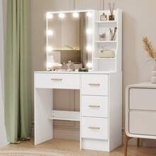 White Dressing Table With LED Makeup Mirror And 7 Shelves 4 Drawers Vanity Desk