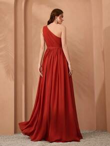 Mgiacy New Arrival One Shoulder Ruched Chiffon Bridesmaid Dress - Burnt Orange - View 2