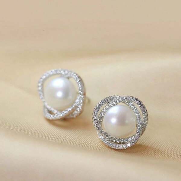 990 Sterling Silver Luxurious Fashion Elegant Pearl Earrings, Classic Stud Earrings, Silver Jewelry