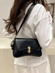 优雅女士单肩包 - 复古金色金属配件搭配简约纯色PU通勤钱包。颜色：黑色/白色/紫红色/黄色。百搭的上班/周末托特包，适合办公室、购物和日常时尚。 - 彩色 - 查看 6